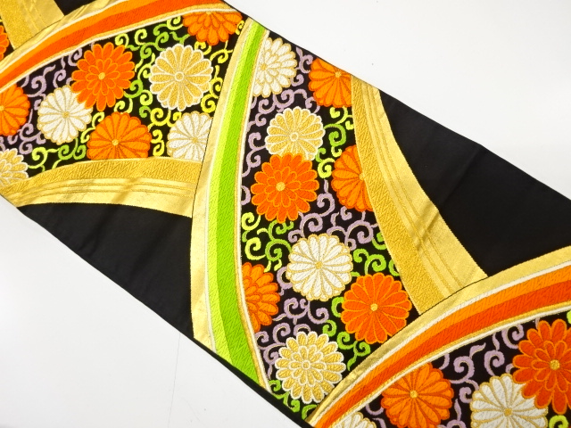 JAPANESE KIMONO / ANTIQUE FUKURO OBI / SILK / WOVEN KIKU ARABESQUE